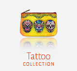 Mlavi Tattoo collection wholesale fashion bags, wallets, wristlets, pouches, cardholders, luggage tags with tattoo themed illustration prints to gift shop, clothing & fashion accessories boutique, book store, souvenir shops worldwide.