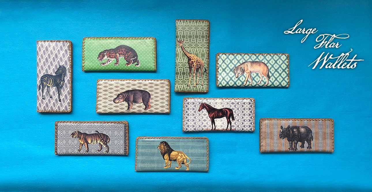 Mlavi Animal collection wholesale Mlavi original designs of animal themed large flat wallets to gift shops, boutiques & book stores in Canada, USA and worldwide.