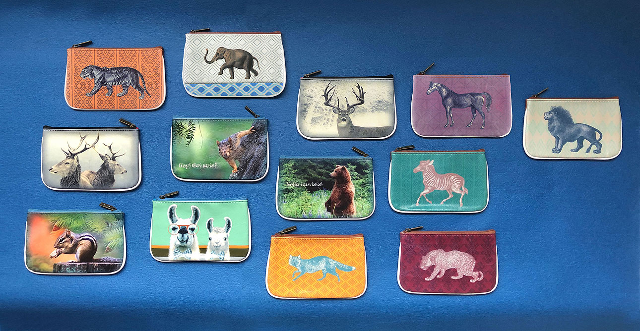 Mlavi Animal collection wholesale Mlavi original designs of animal themed small flat pouches/coin purses to gift shops, boutiques & book stores in Canada, USA and worldwide.