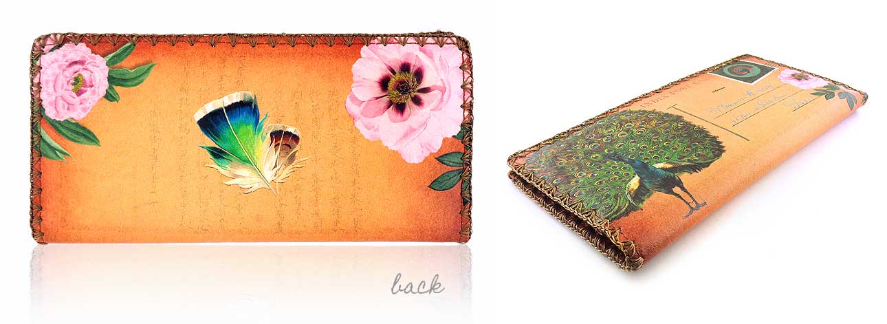 Mlavi Asia collection best selling large flat wallet lucky peacock vintage style illustration print large flat wallet for wholesale & online shopping. Great good luck gift ideas.