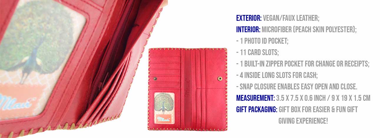 Mlavi Asia collection best selling large flat wallet lucky peacock vintage style illustration print large flat wallet for wholesale & online shopping. Great good luck gift ideas.