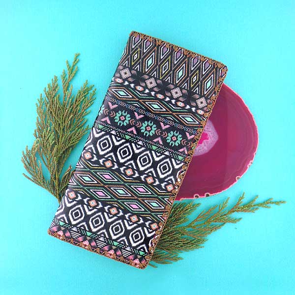 Mlavi Mexico collection unique and beautiful vegan large flat wallet with Mexican Aztec pattern inspired prints for wholesale and online shopping