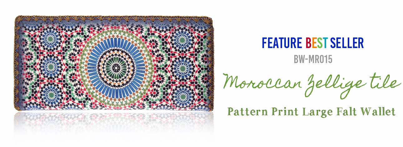 Mlavi Morocco collection best selling large flat wallet with Moroccan Zellige tile pattern print large flat wallet for wholesale & online shopping. Great good luck gift ideas.