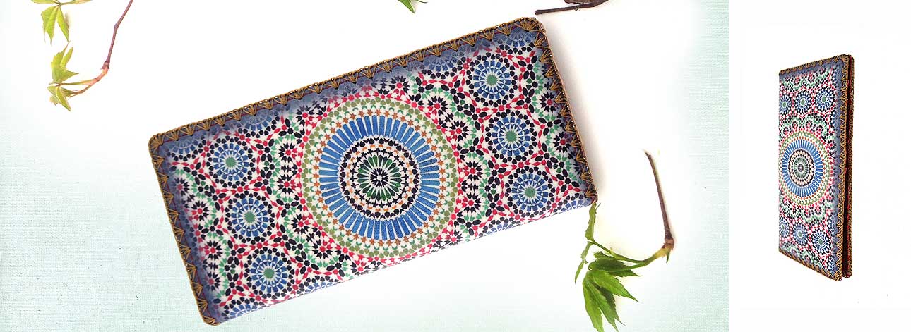 Mlavi Morocco collection best selling large flat wallet with Moroccan Zellige tile pattern print large flat wallet for wholesale & online shopping. Great good luck gift ideas.