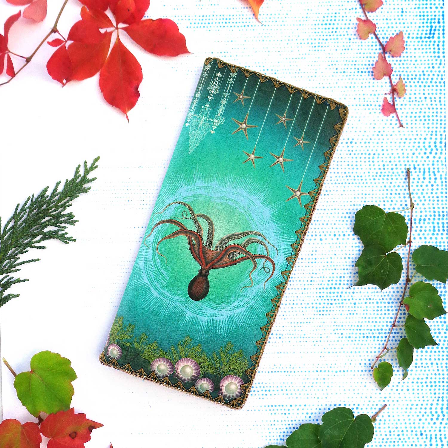 Mlavi Ocean collection unique and beautiful vegan large flat wallet with vintage style octopus print for wholesale and online shopping