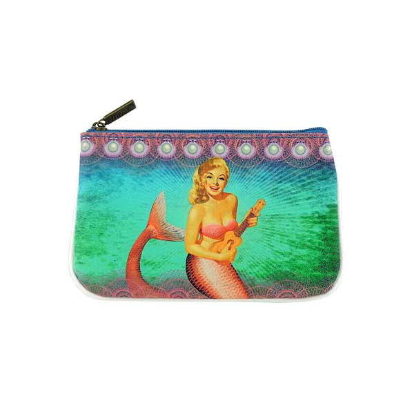 Mlavi ocean collection unique and beautiful vegan small pouche/coin purse with retro style pinup style mermaid prints for wholesale and online shopping