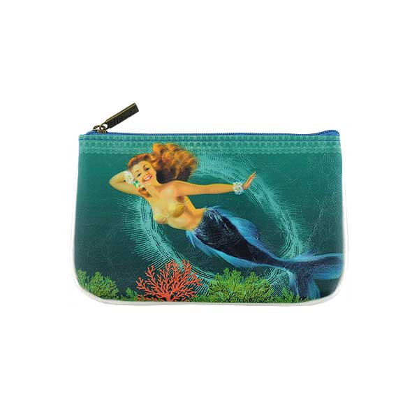 Mlavi ocean collection unique and beautiful vegan small pouche/coin purse with retro style pinup style mermaid prints for wholesale and online shopping