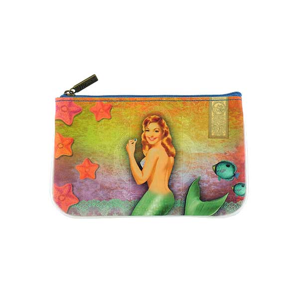 Mlavi ocean collection unique and beautiful vegan small pouche/coin purse with retro style pinup style mermaid prints for wholesale and online shopping
