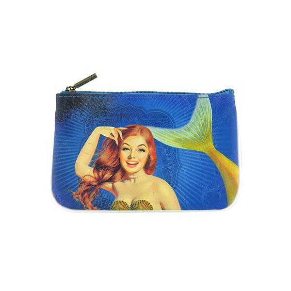 Mlavi ocean collection unique and beautiful vegan small pouche/coin purse with retro style pinup style mermaid prints for wholesale and online shopping
